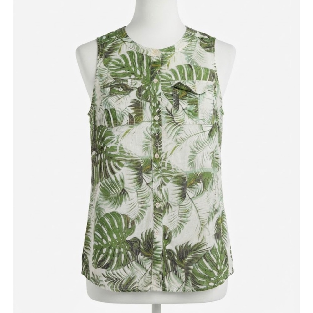 Tahari Womens 1X Linen Sleeveless Tropical Palm Leaf Button Down Top Green White